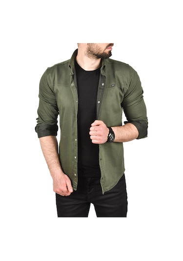 Deepsea Erkek Haki Slim Fit Pamuklu Kot Gömlek Kolay Ütülenebilir Çıt Çıtlı Likralı Spor Gömlek 2502504 Haki
