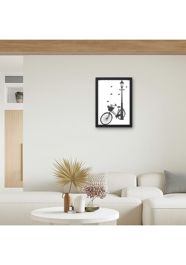 Bisiklet Ve Sokak Lambası Silüet Tablosu Minimalist Duvar Dekoru Siyah Beyaz Ahşap