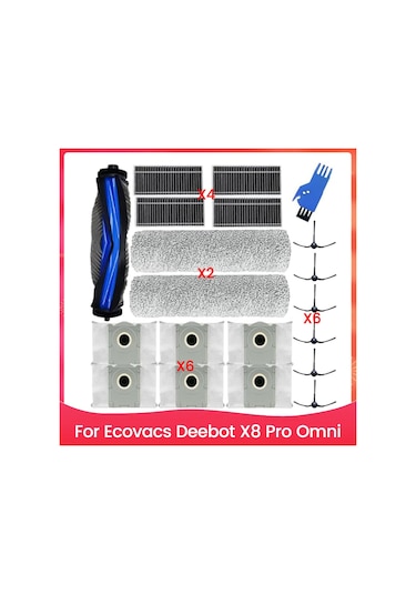 Ecovacs Deebot X8 Pro Omni Robot Süpürge İçin 1 Ana Fırça, 2 Silindir Paspas Pedi, 4 Hepa Filtre, 6 Toz Torbası, 6 Yan Fırça