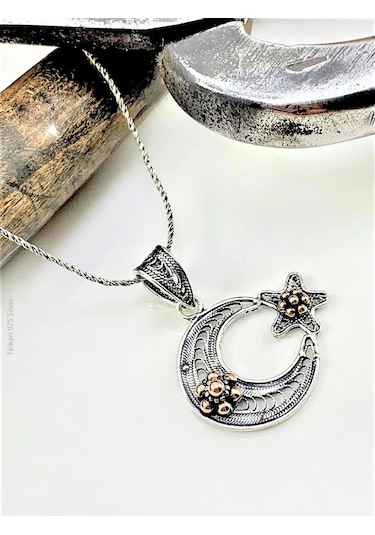 Telkari Işlemeli Ay Yıldız Tasarım Gümüş Kolye 21422