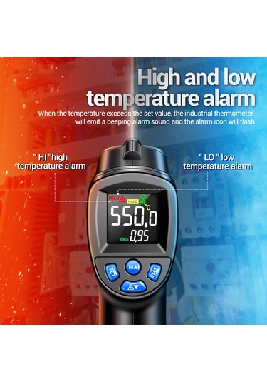 Xindoker Th104 El Tipi Kızılötesi Termometre -50 C 550 C Aralığı, Va Ekran, Yüksek Hassasiyet, Otomatik Kapatma, Sıcaklık Alarmı Pil Dahil Değil