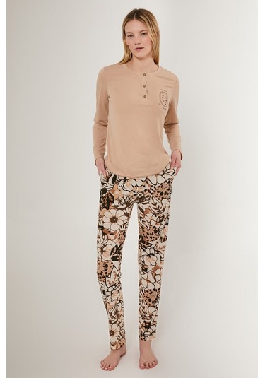 Arnetta 2642 Uzun Kol Kadın Pijama Takımı Bej V1 Bej