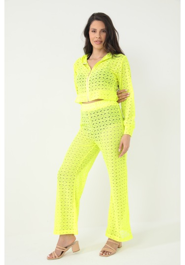 Kapuşonlu Dantel Bluz Neon Sarı