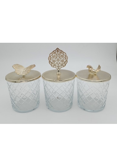 Fidex Home Cam Kapaklı Bardak Şekerlik-lokumluk 3 Lü Gümüş