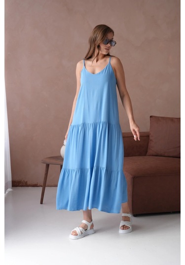 İnce Askılı Uzun Yazlık Elbise Indigo
