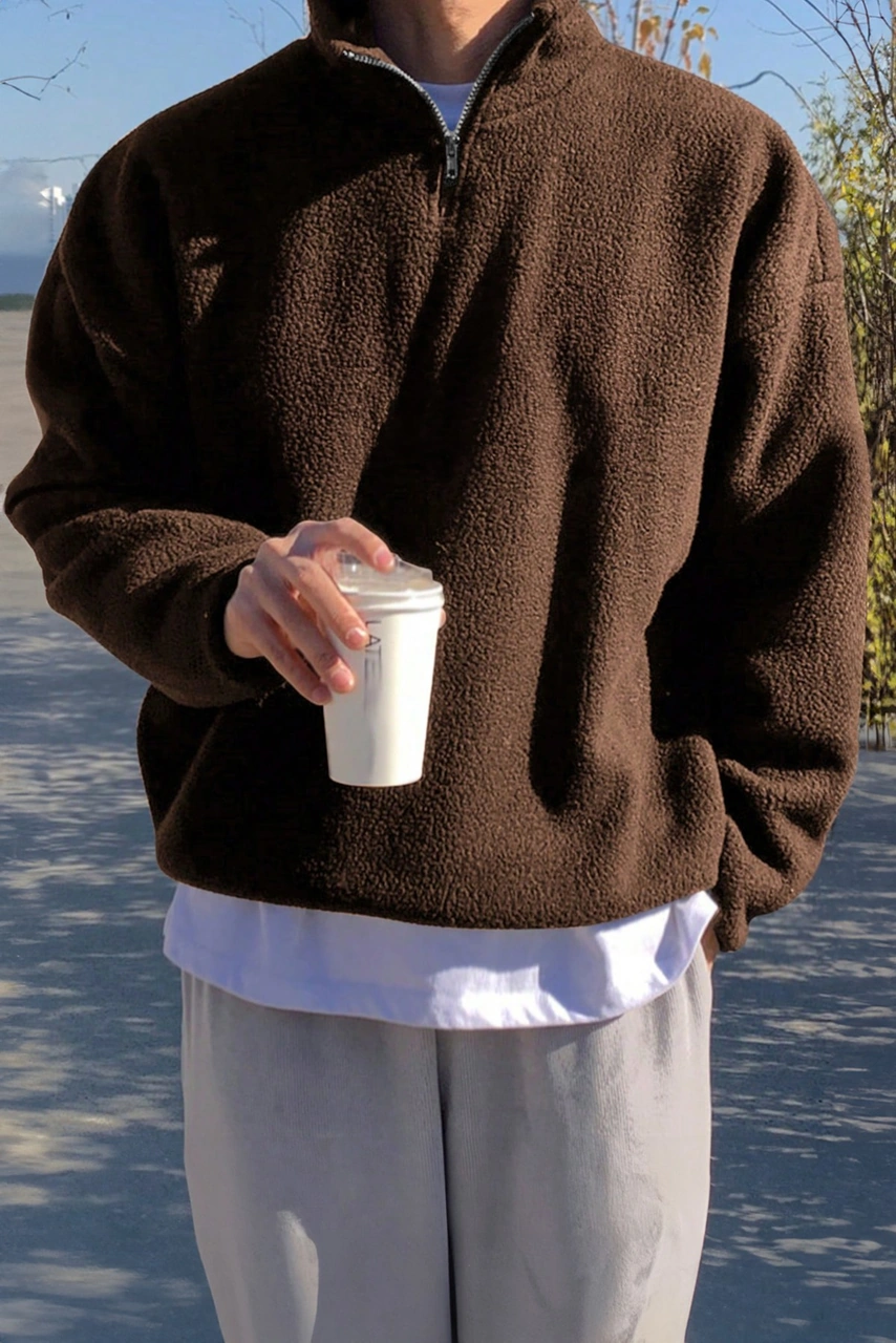 Ghassy Co. Erkek Ultra Isı Peluş Sherpa Oversize Yarım Metal Fermuar Lastik Ayarlı Polar Sweatshirt Kahve