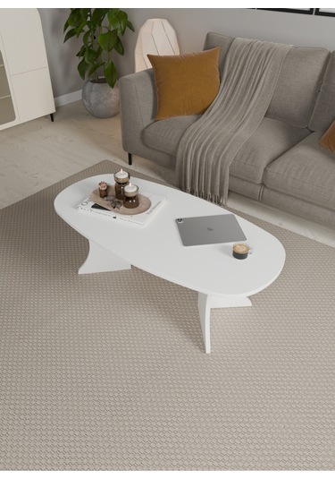 Oval Orta Sehpa Geniş Yüzeyli, Stabil Ayaklı Modern Salon Sehpası Beyaz