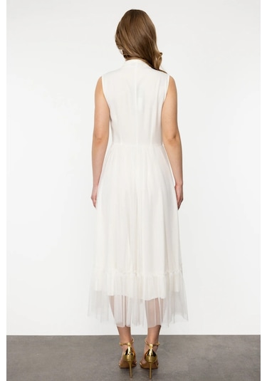 Ekol Kadın V Yaka Zincir Kemerli Elbise 4084 Ekru