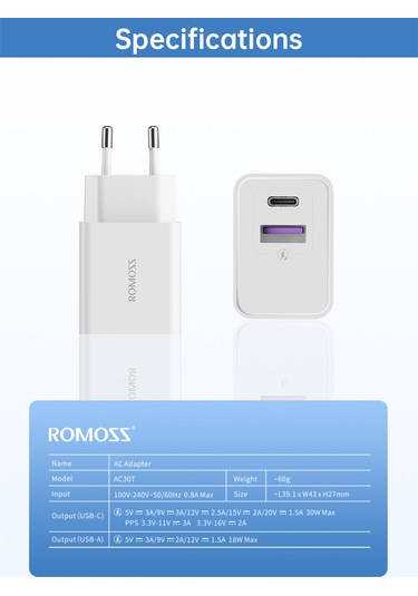 Maiyame Romoss Ac30t Beyaz Seyahat Şarj Cihazı - Hafif, Kompakt Ve Güçlü, Soket İçeren Dışarıda Kullanıma Uygun