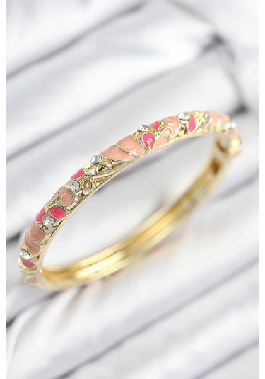 Mineli Pirinç Zirkon Taşlı Pembe Çiçek Motifli Gold Kadın Kelepçe - Tj-bb7818 Çok Renkli