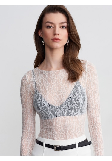 Dilvin 32764 Kayık Yaka Dantel Top-ekru