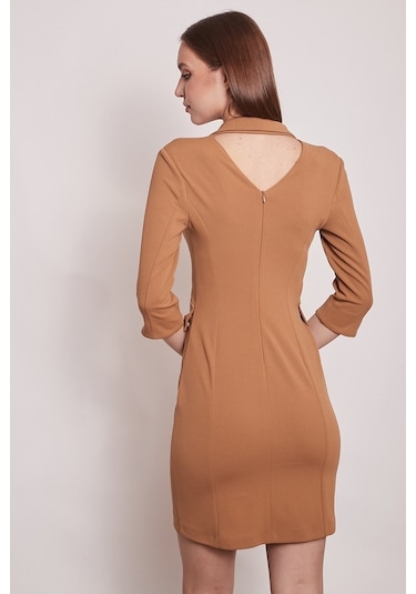 Yakalı Sırt Dekolteli Anvelop Likralı Kumaş Düğmeli Ceket Elbise (515549421)