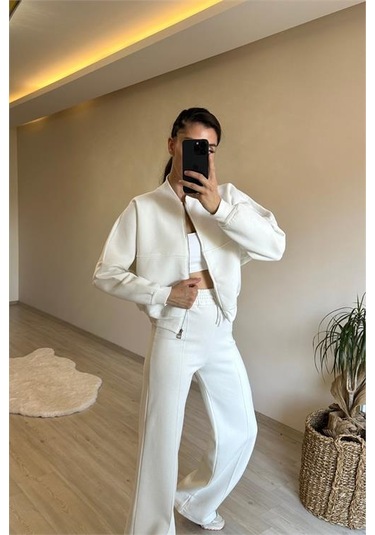 Neşeli Butik Kadın Fermuarlı Oversize Sweat Ve Yüksek Bel Eşofman Takımı Nm018 Ekru