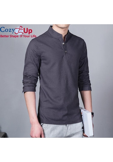 Rahat Up Polo Gömlek Erkekler Moda Uzun Kollu Mandarin Yaka Gömlek Erkek Rahat Keten Gömlek Adam Artı Beyaz Mavi