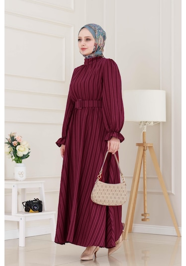 Kolu Volanlı Kemerli Henna Elbise-bordo-5053 Bordo