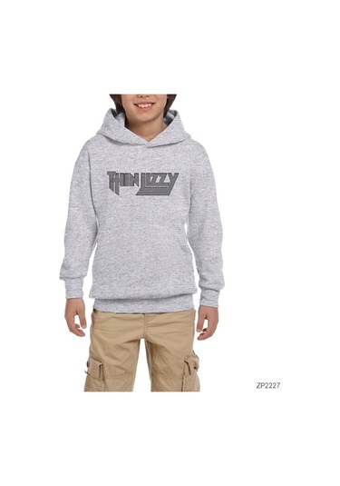 Thin Lizzy Logo Gri Çocuk Kapşonlu Sweatshirt Gri