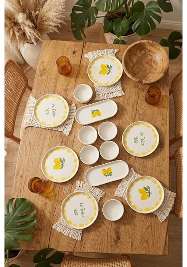 Vita Lemony 14 Parça 6 Kişilik Stackable Seramik Tabak Seti Premium Sunum & Kahvaltı Takımı Beyaz