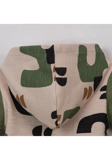 Kapşonlu Desenli Patiksiz Tulum Zeytin Yeşili