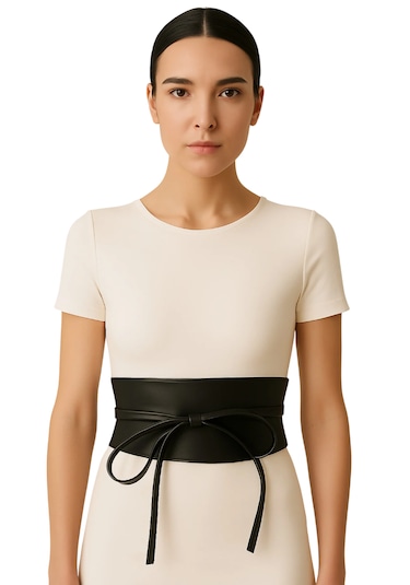 Kadın Kemer Deri Geniş Bağcıklı Siyah Siyah