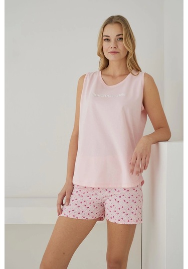 Pijamoni Kadın Süprem Kumaş Sıfır Kollu Şortlu Pembe Pijama Takımı 2554 Pembe