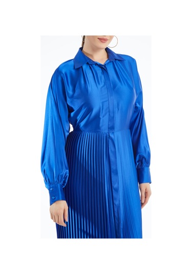 Kadın Piliseli Etekli Elbise - Modern Ve Şık - Günlük Ve Özel Davetler İçin Elbise Saks