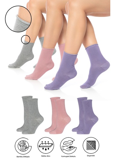 Bambu Kadın Lastiksiz Gri-pembe-lila Soket Dikişsiz Çorap 3'lü Çok Renkli