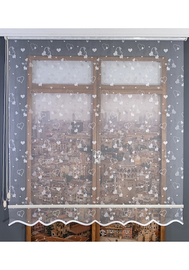 Kalp Desenli Çift Mekanizmalı Tül Stor Perde Beyaz