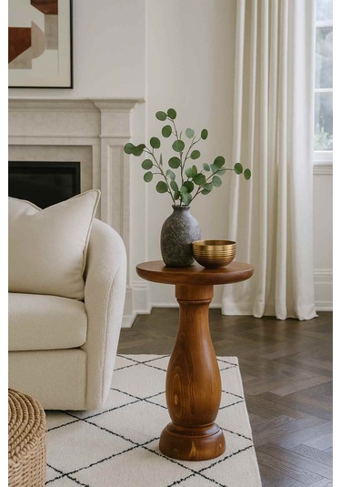 Tekli Doğal Masif Ahşap Yan Sehpa Meşe Renk Mantar Tasarım Meşe