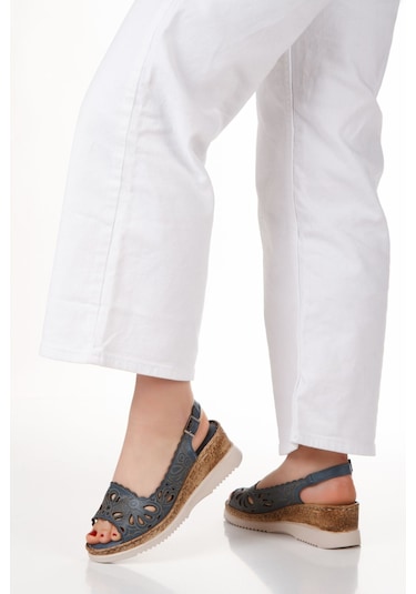 İç Dış Hakiki Deri Hafif Taban Günluk Kot Mavi Kadın Sandalet Mavi