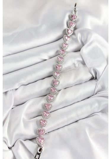 Pirinç Zirkon Taşlı Pembe Kalp Baget Model Gümüş Renk Vıp Seri Kadın Bileklik Pembe