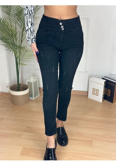 Simala Yüksek Bel Likralı Jean Pantolon 90 Cm Siyah