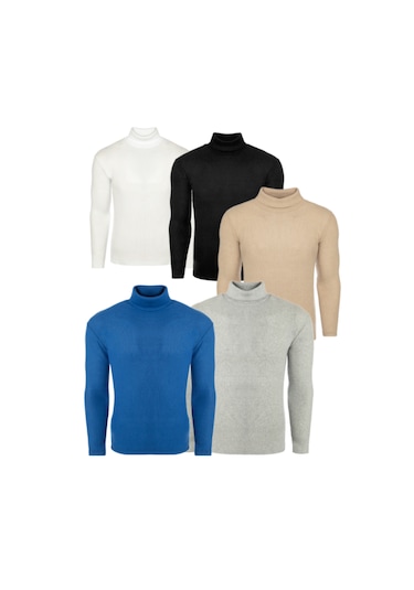 Ribac Boğazlı Balıkçı Triko Erkek Kazak 5'li Paket - Siyah - Beyaz - İndigo - Gri - Bej Çok Renkli