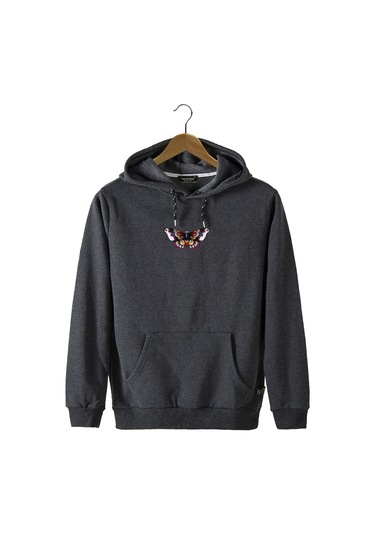 Unisex Antrasit Kapüşonlu Önü Kelebek Baskılı Slim Fit Kanguru Cepli Sweatshirt Antrasit