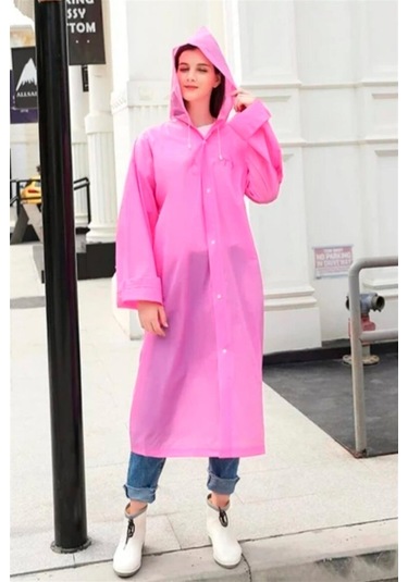 Unisex Kadın Ve Erkek Yağmurluk %100 Eva Çıtçıtlı Kapüşonlu Pembe
