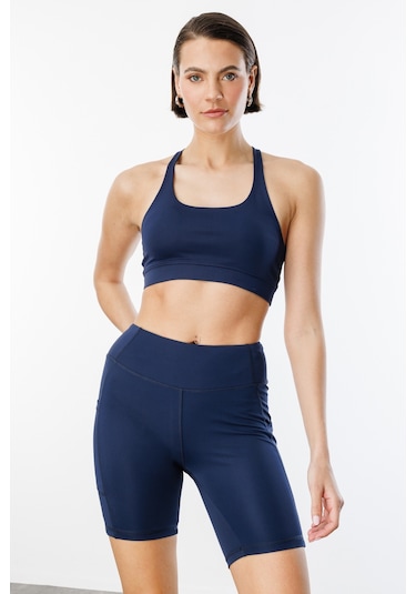 Yüksek Bel Toparlayıcı Çift Cepli Biker Şort Kısa Spor Tayt Kısa-tayt Lacivert