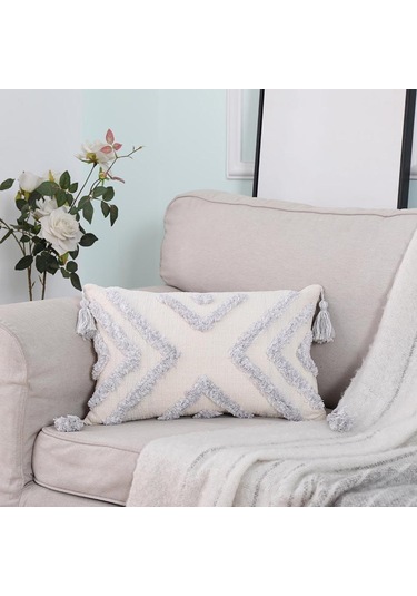 Homyl Boho Kırlent Örtüsü Pamuklu Dokuma Püsküllü Yastık Kılıfı Gri