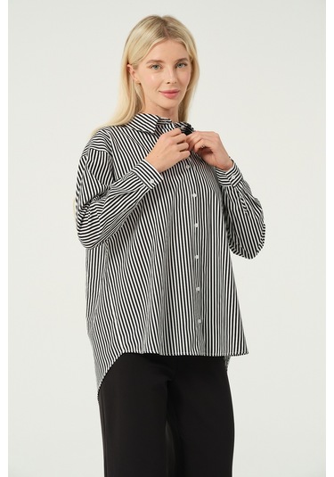 Basic Oversize Çizgili Gömlek Hipnotize Çok Renkli