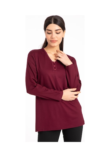 Kadın Orta Yaş ve Üzeri Dört Mevsim V Yaka Rahat Kalıp Likralı Viskoz Anne Penye Bluz 140-Vişne Çürüğü