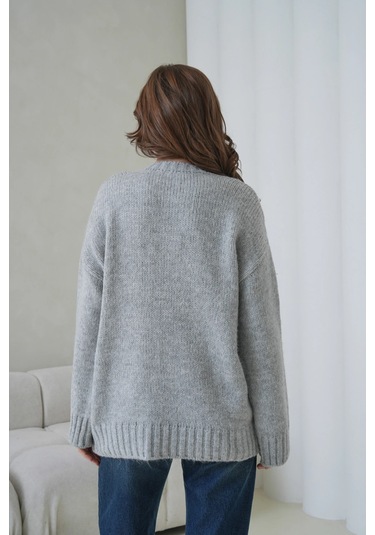 Kadın Bisiklet Yaka Yumuşak Dokulu Oversize Triko Kazak 3032 Gri