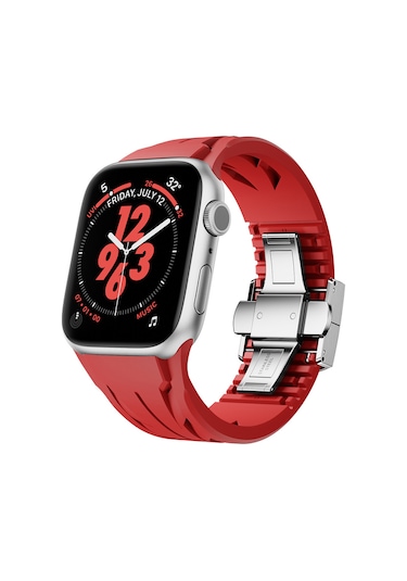 Talazan iOS Watch Uyumlu 44mm Krd-127 Metal Tokalı Silikon Kordon-kırmızı