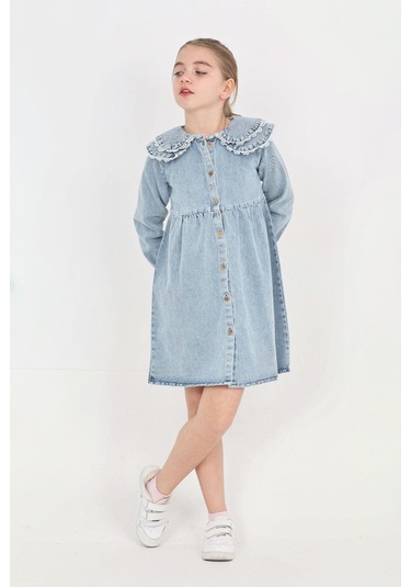Kız Çocuk Çift Yaka Detaylı Ve Boydan Düğmeli Jean Elbise 12341 Açık Mavi