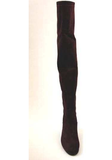 Kalın Topuk Bordo Deri-Süet Diz Üstü Günlük Kadın Streç Çizme Bordo