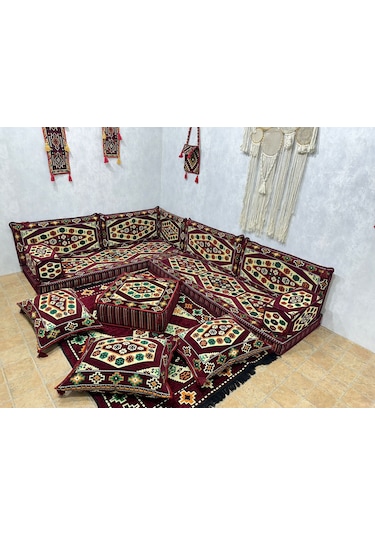 Coton Şark Köşesi Yörük Desenli Minder Takımı Bordo 18 Parça