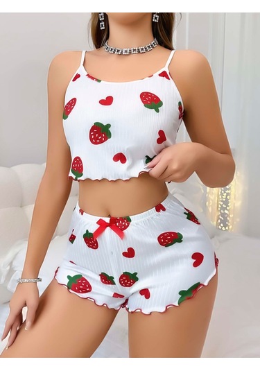 Kadın Beyaz Çilek Desenli Şortlu Pijama Takımı 5053 Beyaz