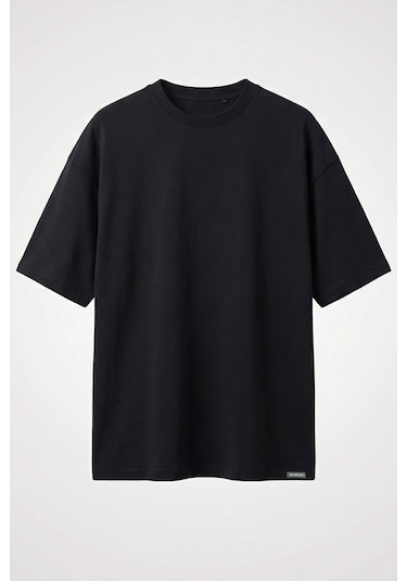 Allunique Erkek Pamuklu Oversize Bisiklet Yaka Siyah T-shirt