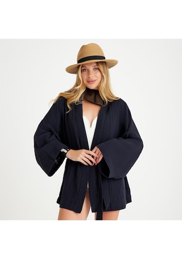 Pamuklu Dokuma Beli Kuşaklı Mini Kadın Kimono Kaftan - Standart Siyah