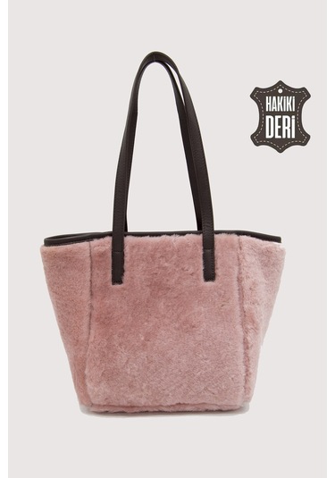 Hakiki Deri Kürklü Kadın El Çantası Pudra Smr9152 Pudra