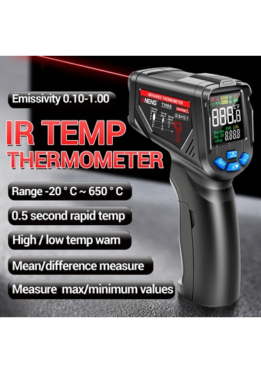 Youmex Endüstriyel Sıcaklık Ölçer -20 C 650 C, Entegre Kızılötesi Sensör, Hızlı Ölçüm, Siyah, Batarya Hariç
