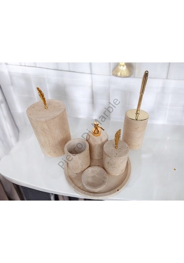 Sarı Traverten Klasik Model 7 Parça Gold Renk Kuş Tüyü Aksesuarlı Banyo Seti Sarı Traverten