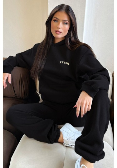 Siyah Fetch Eşofman Takımı - Baskılı Oversize Kapüşonlu Şardonlu Siyah